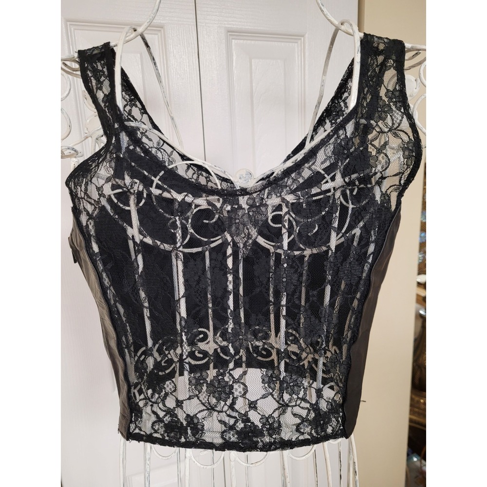 Vintage Black Leather & Lace Crop Top Side Zip Bohemian Chic Goth Style Size M - Picture 2 of 8